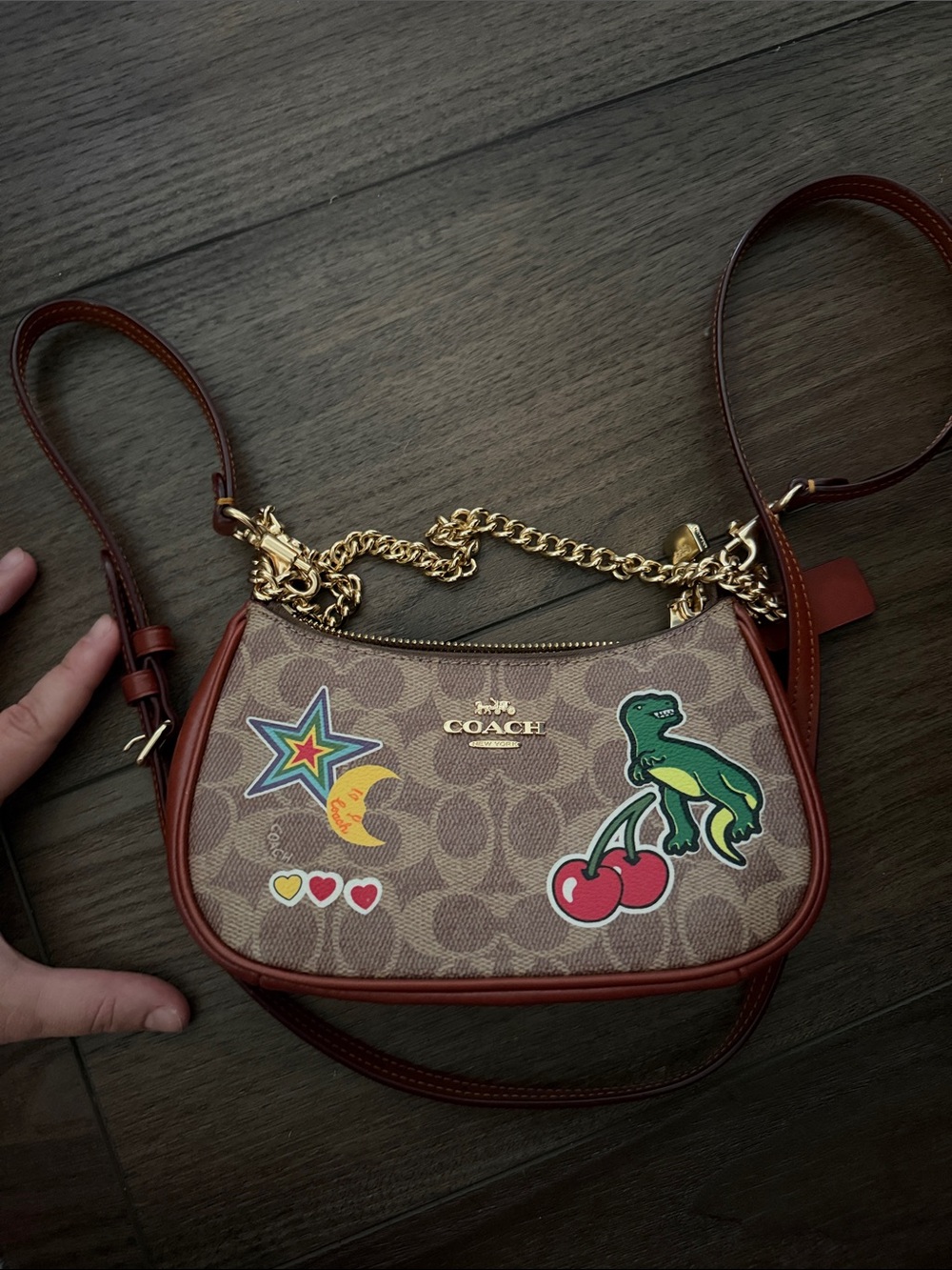 Coach Brown Signature Crescent Crossbody with Colorful Patch Accents